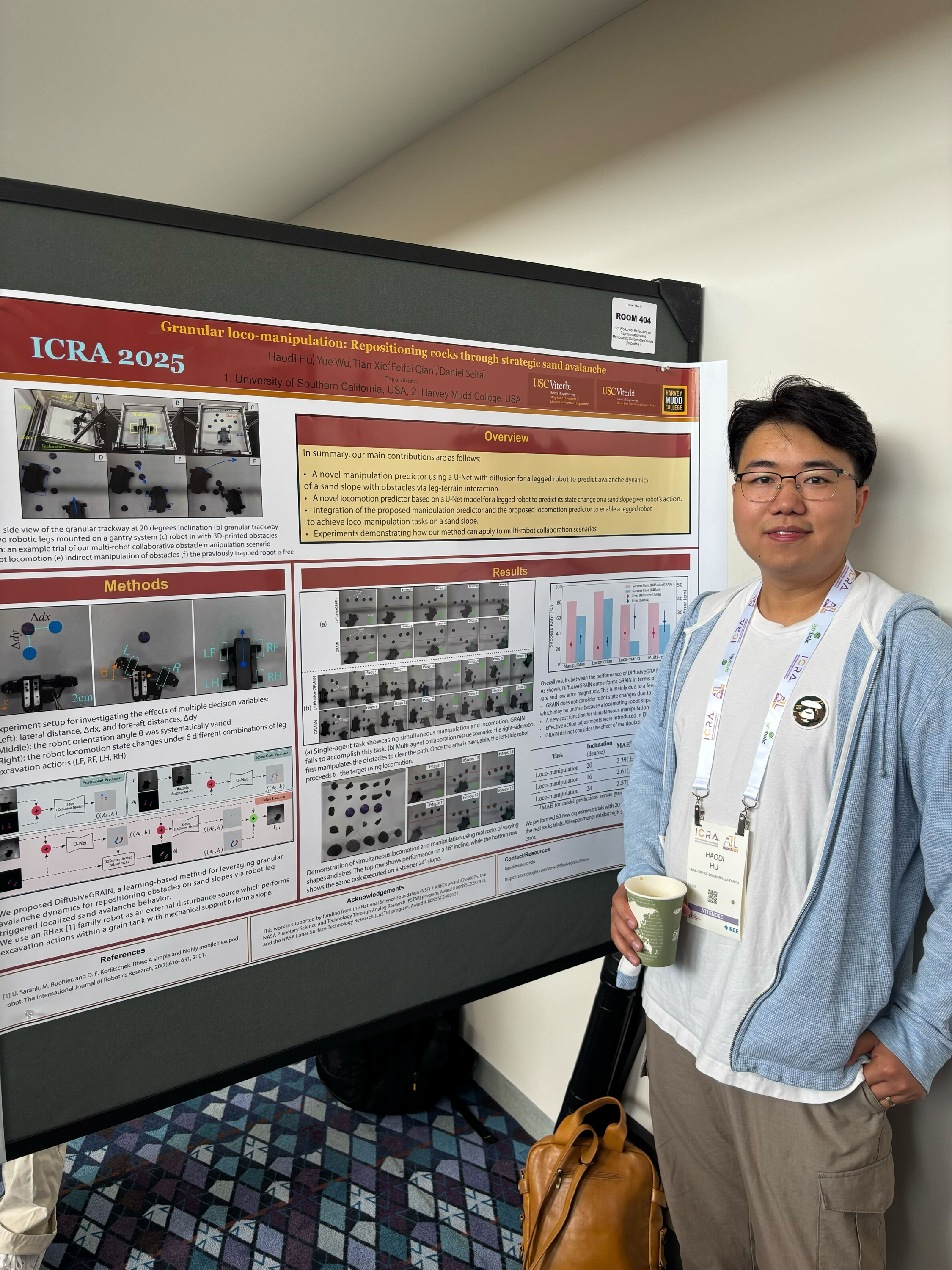 Haodi Hu standing beside a robotics research poster at ICRA 2025.